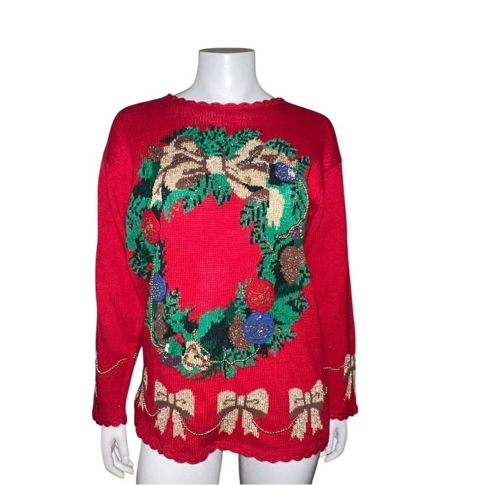 Eagle's Eye Vintage Beaded Wreath Ugly Christmas Sweater Oversized Small EUC
